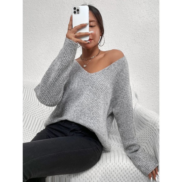 V neck Drop Shoulder Ribbed Knit Sweater black oversized - Picture 4 of 8